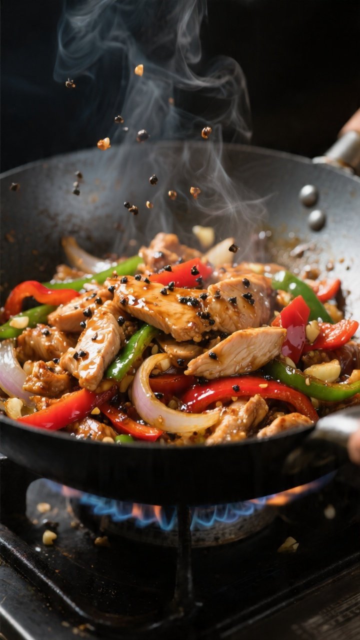 Cooking process, close-up detail: Sizzling black pepper chicken stir-fry mid-toss in a carbon-steel 