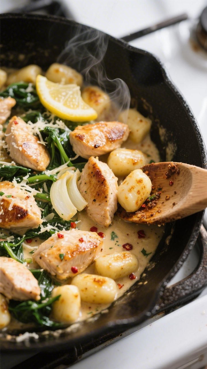 Cooking process, close-up detail: Sizzling garlic chicken gnocchi in a large black skillet mid-cook,
