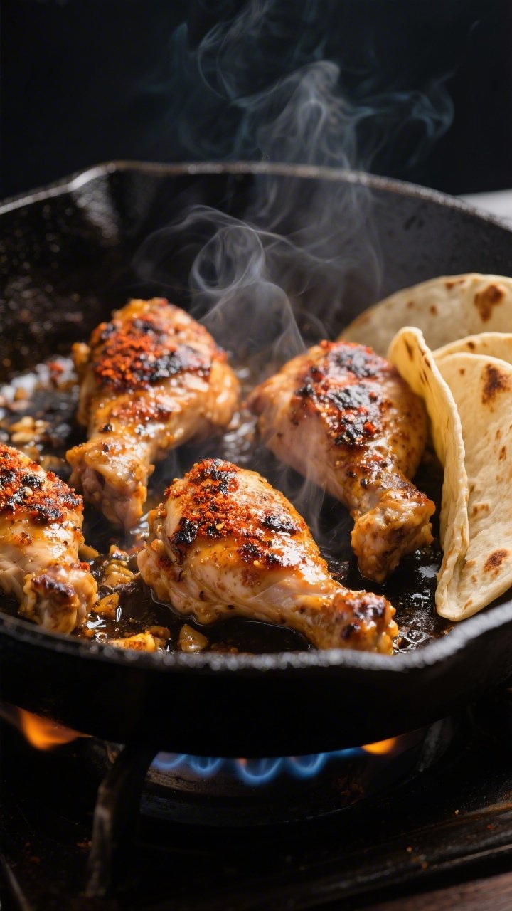 Cooking process, close-up detail: Sizzling marinated chicken thighs in a hot cast-iron skillet over 