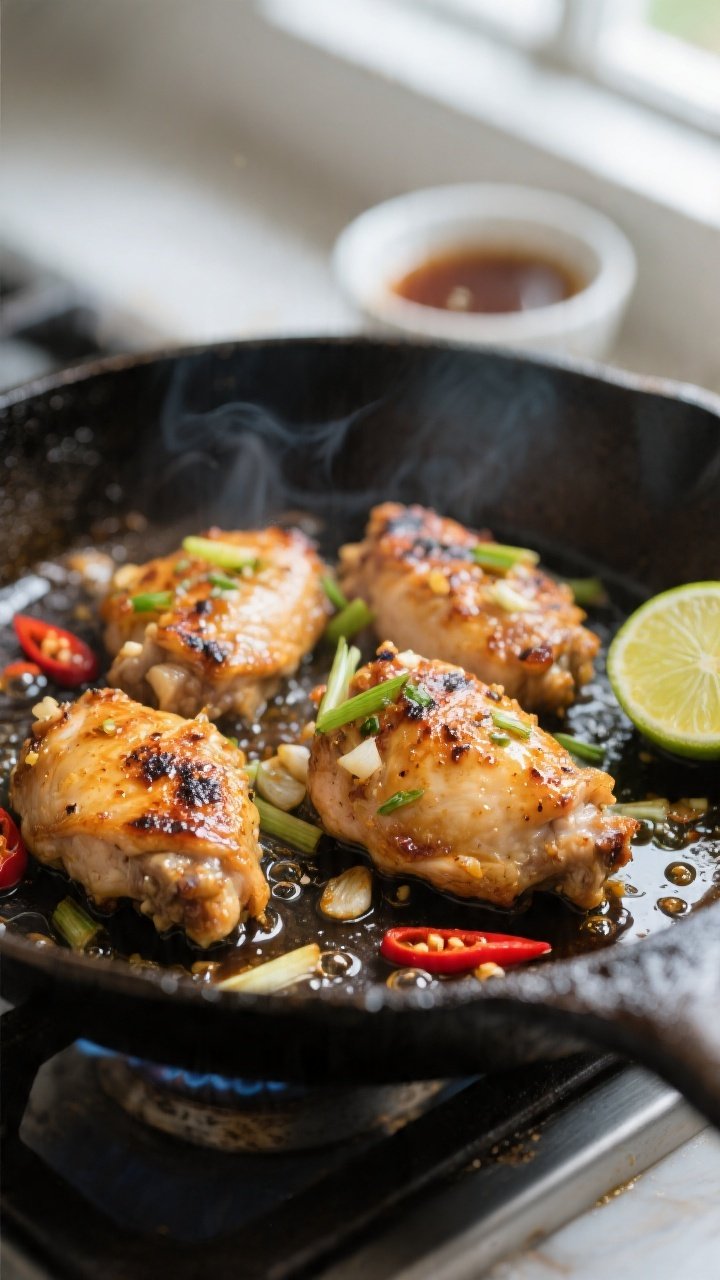 Cooking process, close-up detail: Sizzling Thai lemongrass chicken thighs in a well-seasoned cast-ir