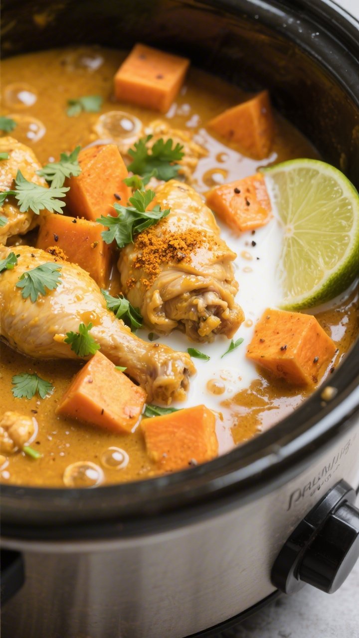 Cooking process, close-up detail: Slow cooker chicken and sweet potato curry just after coconut milk