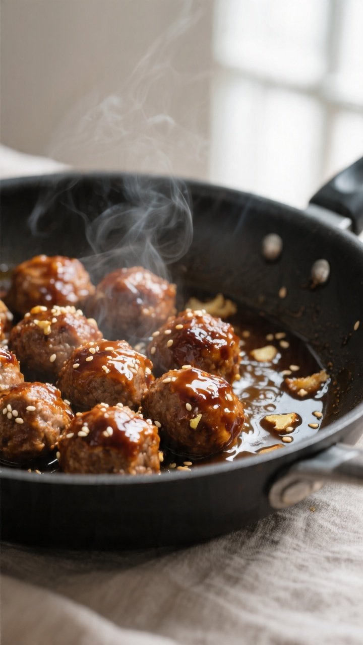 Cooking process close-up: Glazed meatballs sizzling in a wide skillet as the glossy soy-brown sugar-