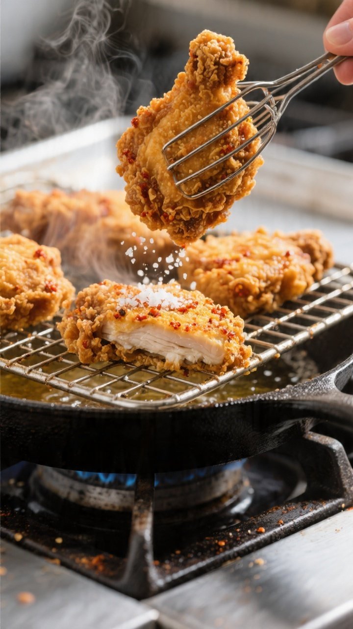 Cooking process close-up: Golden, craggy fried chicken slider pieces just lifted from 350°F oil wit