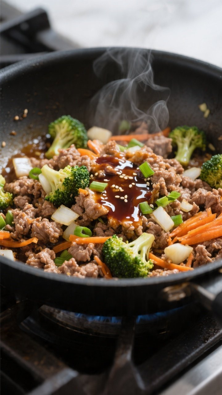 Cooking process close-up: Ground turkey browning in a large skillet with sautéed diced onion, mince