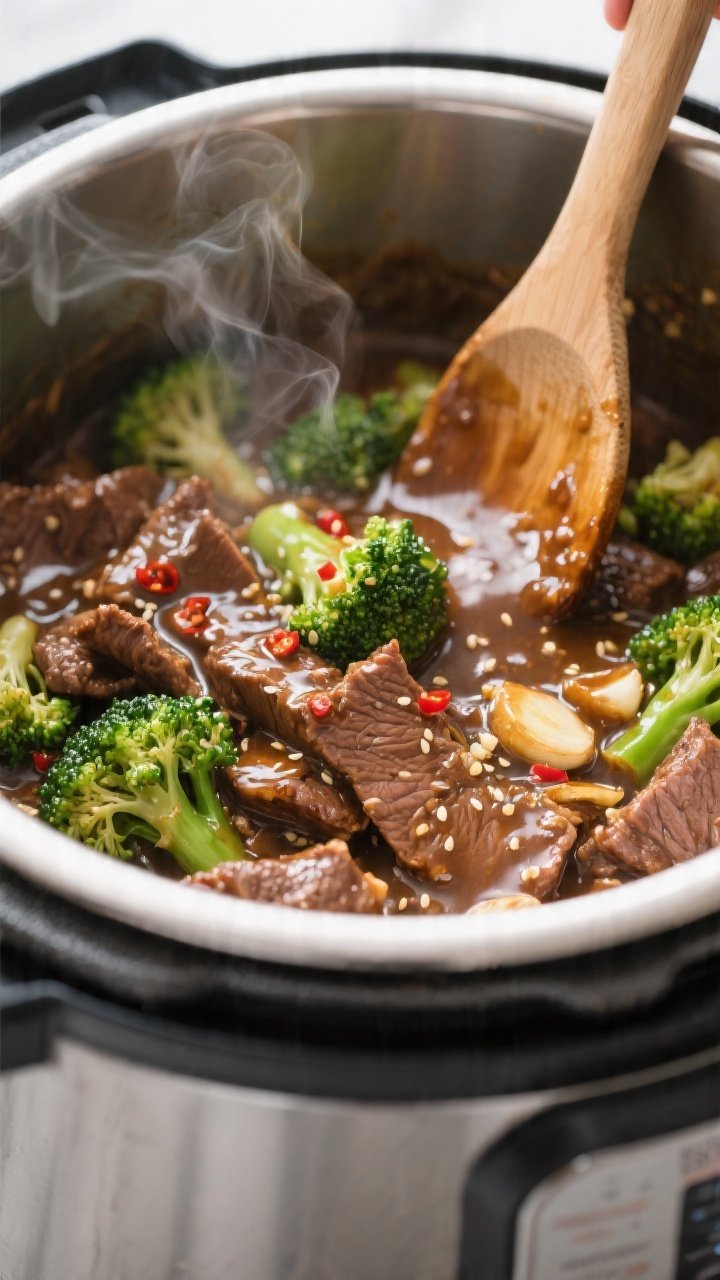 Cooking process close-up: Instant Pot Beef and Broccoli mid-cook, glossy sauce being thickened on Sa