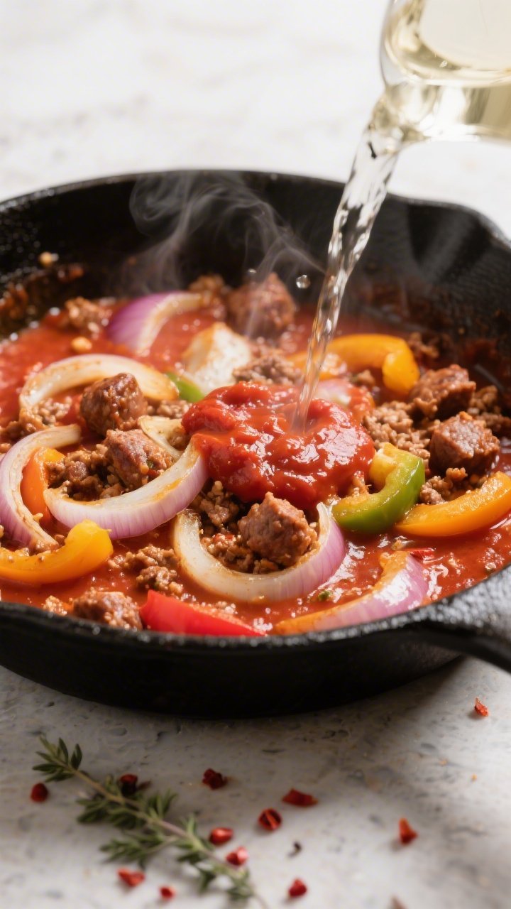 Cooking process close-up: Sautéed onions and tri-color bell peppers with crumbled browned Italian s