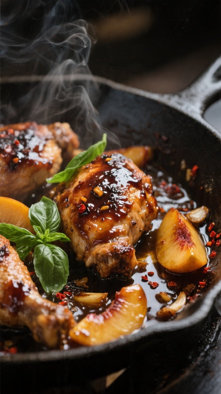 Cooking process close-up: Searing balsamic-glazed chicken thighs nestled back into a skillet with ja