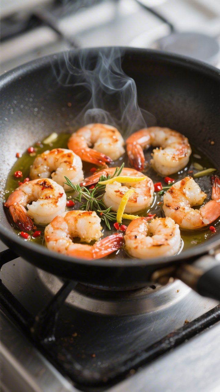 Cooking process close-up: Searing paprika-garlic shrimp in a preheated stainless skillet, shrimp jus