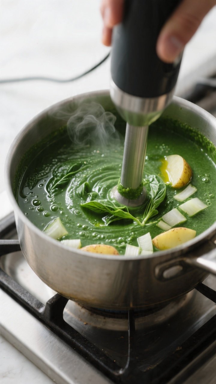 Cooking process close-up: Silky spinach and basil soup mid-blend in a pot with an immersion blender,