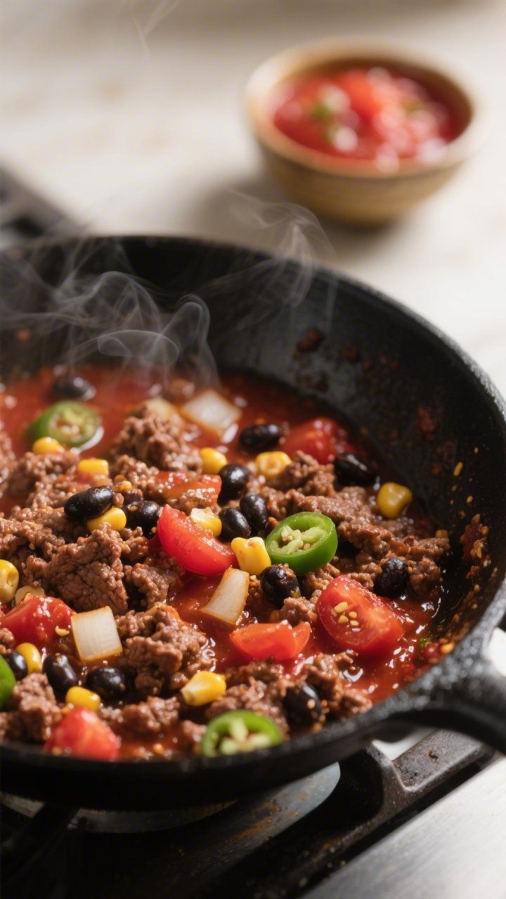 Cooking process close-up: Sizzling taco meat mixture finishing in a skillet after simmering—browne