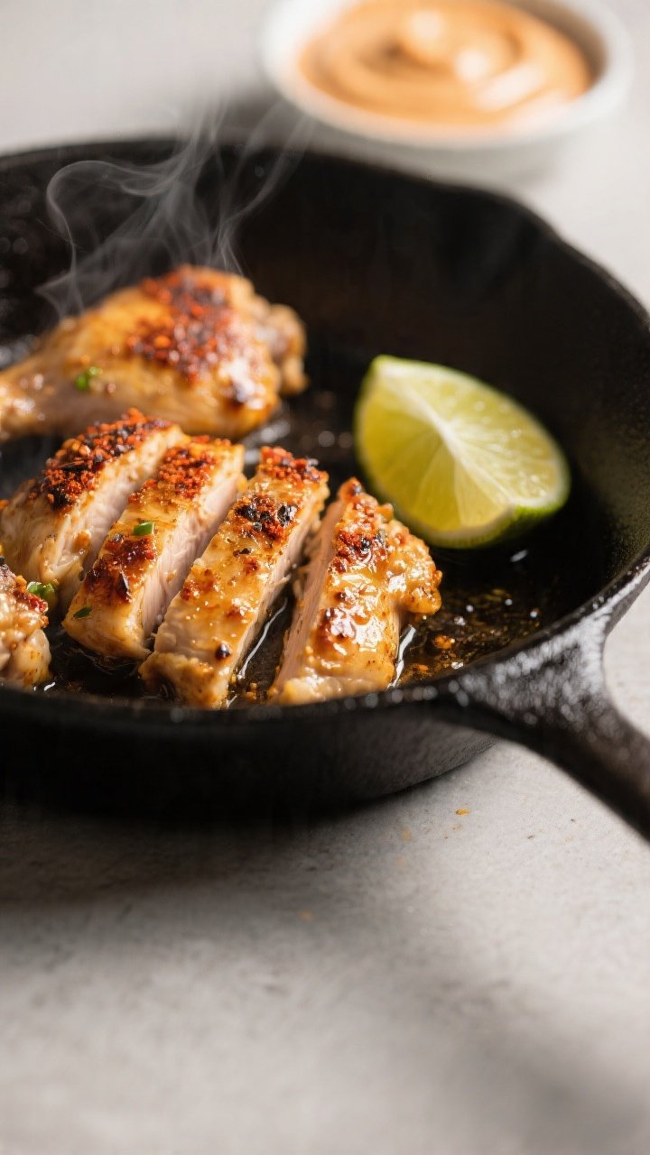 Cooking process close-up: Sliced, just-rested chili-lime marinated chicken thighs sizzling in a cast