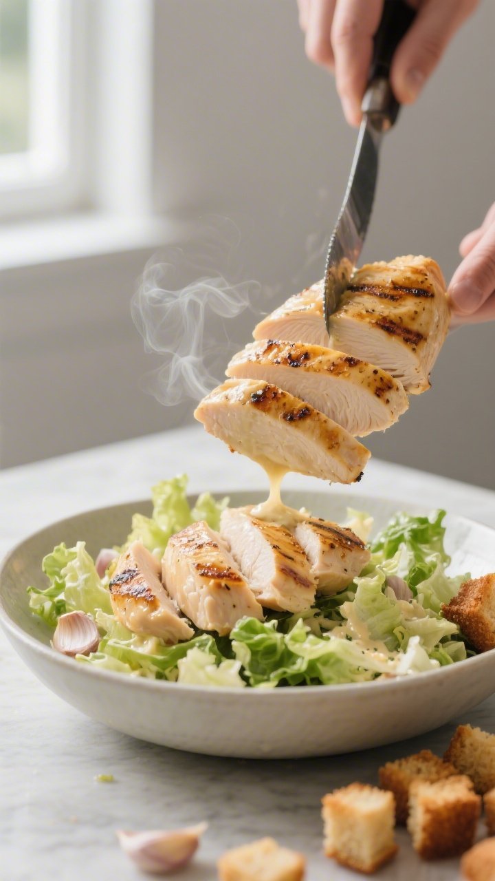 Cooking process close-up: Sliced, just-rested grilled chicken breasts being added to a bowl of ultra