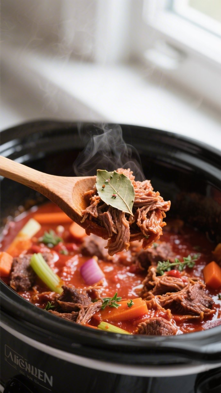 Cooking process close-up: Slow cooker beef ragu mid-simmer, shredded chuck roast strands bathed in a
