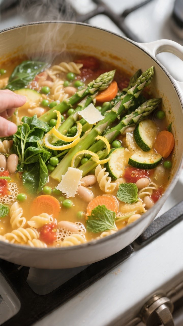 Cooking process close-up: Spring minestrone simmering in a wide, shallow Dutch oven, overhead shot c