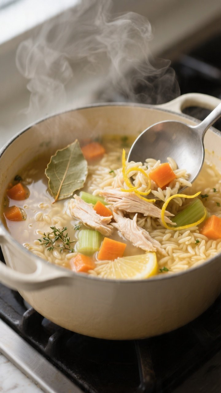 Cooking process close-up: Steam-kissed pot of lemon garlic chicken orzo soup mid-simmer, shot at a 4