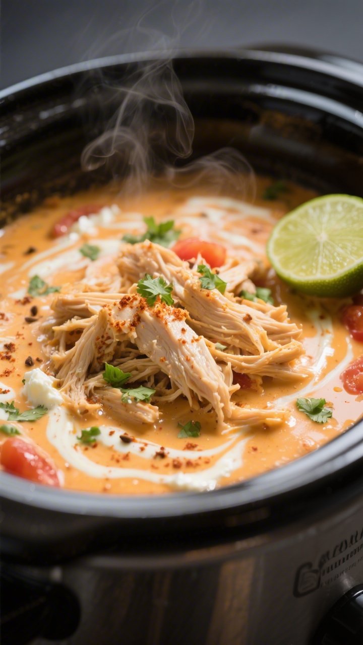 Cooking process close-up: Tender shredded queso chicken just returned to the slow cooker, glistening