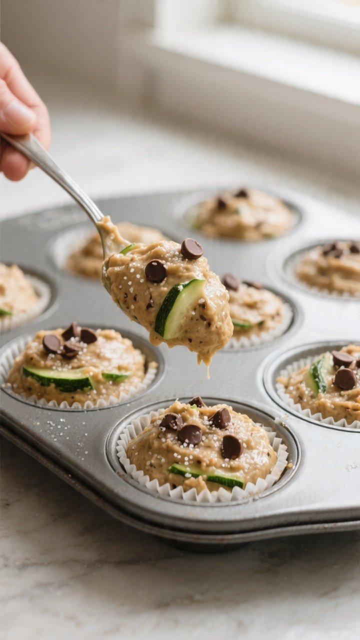 Cooking process close-up: Thick zucchini chocolate chip muffin batter being spooned into a lined 12-