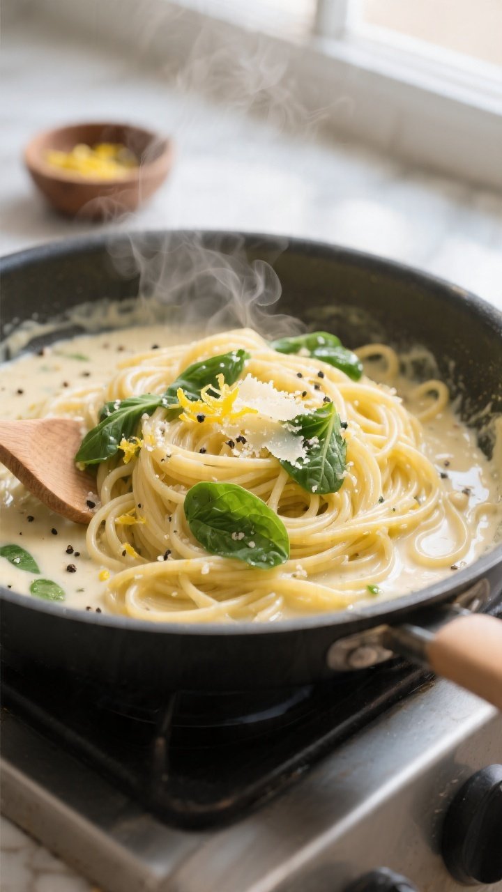 Cooking process — Creamy Lemon Garlic Pasta: Close-up of glossy spaghetti being twirled in a skill