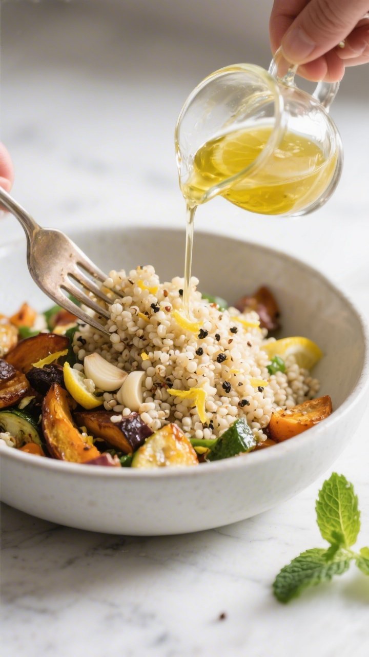 Cooking process: Fluffy quinoa being fluffed with a fork in a matte white bowl while warm roasted ve