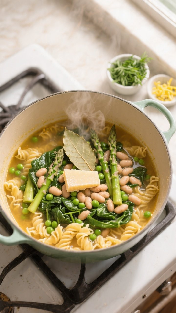 Cooking process, overhead: A large Dutch oven at a lively simmer with small pasta just shy of al den