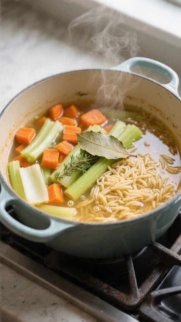 Cooking process, overhead: A large, enamel Dutch oven on a stovetop at a gentle simmer, showing glos
