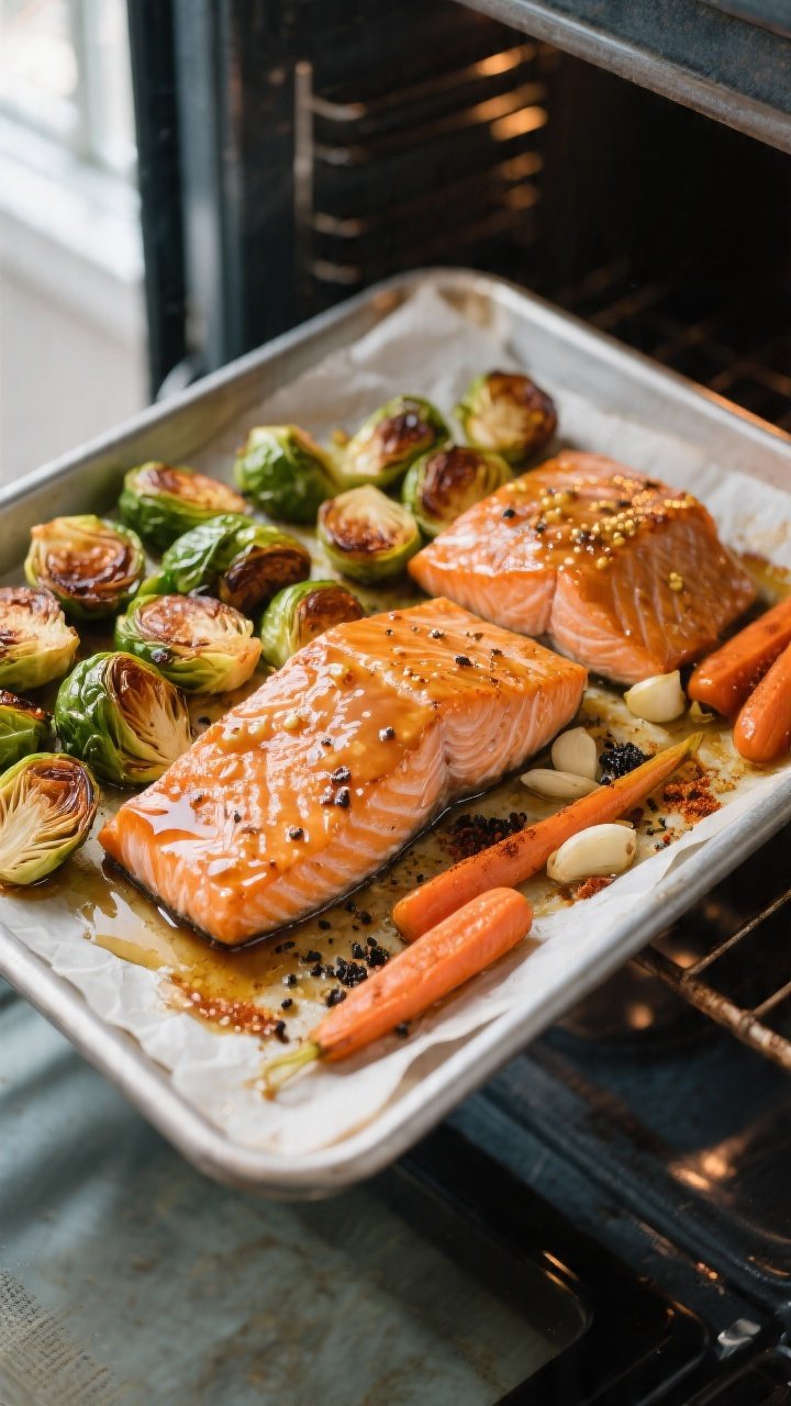 Cooking process, overhead: A rimmed sheet pan in a 425°F oven mid-roast, showing Maple Dijon Salmon