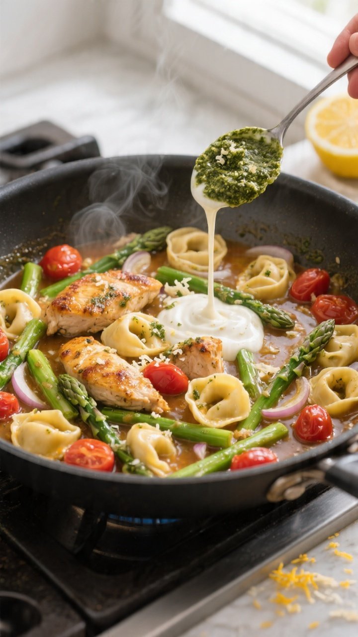 Cooking process, overhead: One-pan pesto chicken tortellini mid-cook in a large, deep skillet on the