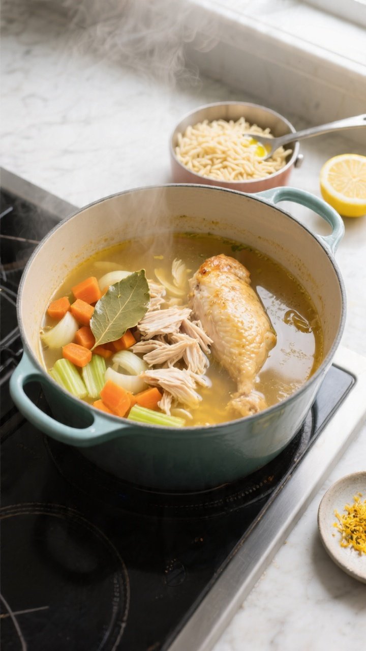 Cooking process, overhead shot: A wide, of a Dutch oven at a gentle simmer with clear golden chicken