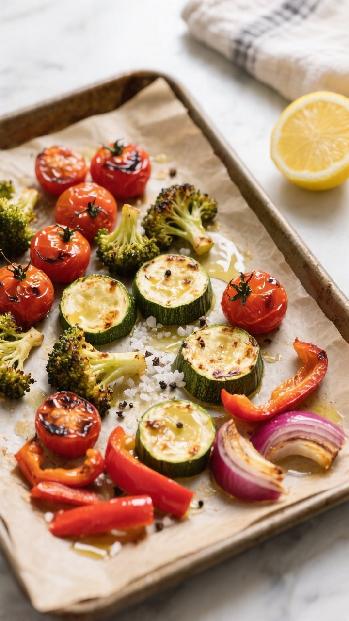 Cooking process — roasted veggies coming out perfect: Overhead shot of a parchment-lined sheet pan