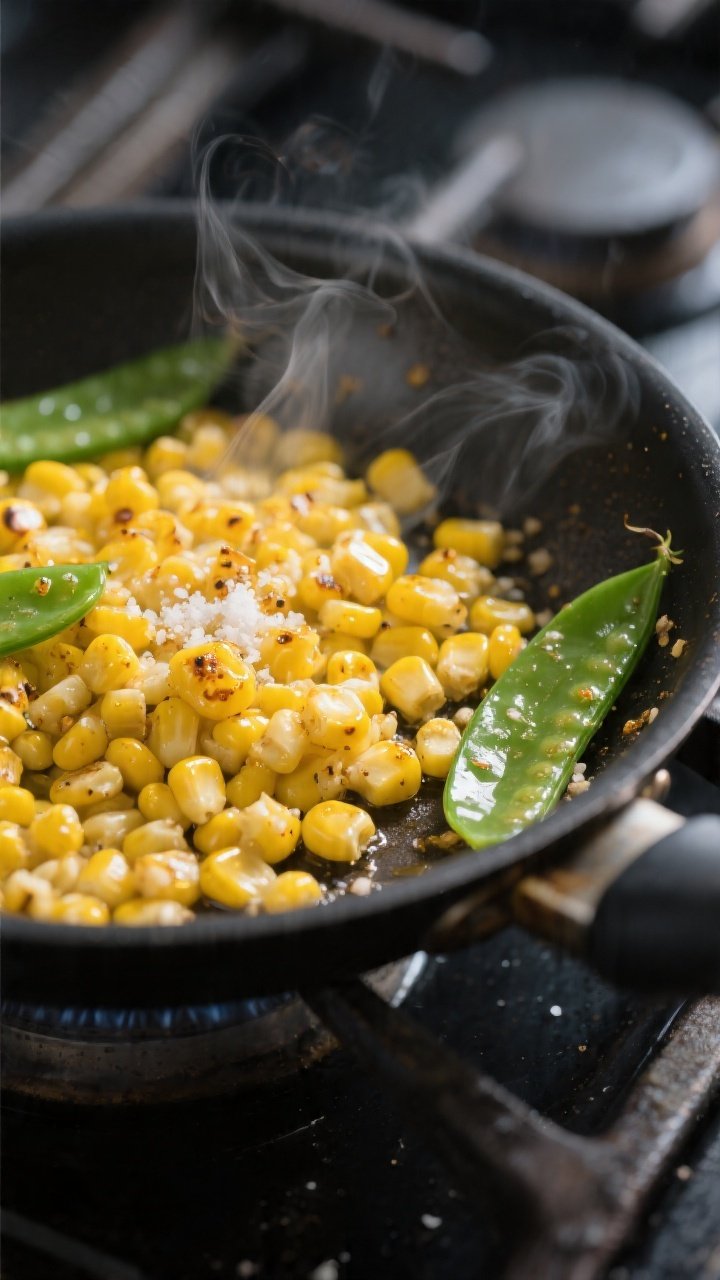 Cooking process — sautéed corn focus: Close-up of corn kernels just sautéed to tender-crisp in a