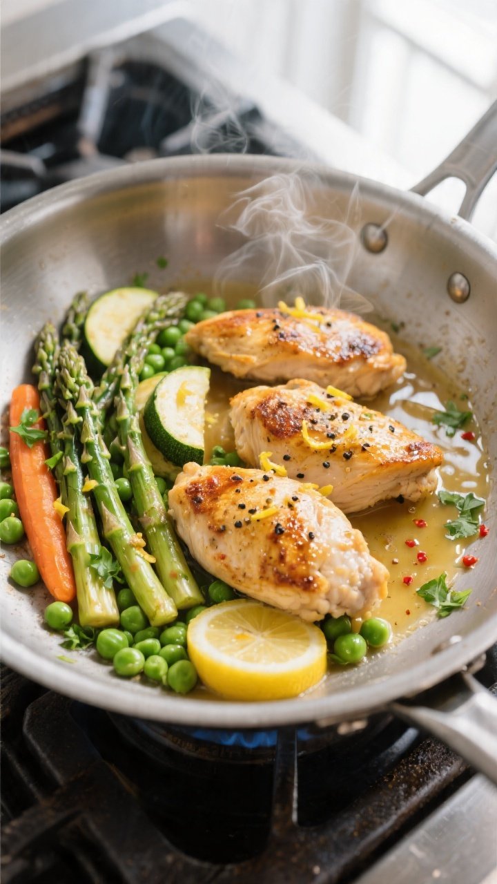 Cooking process — Searing and sauce-build moment: A large stainless-steel skillet on the stovetop 