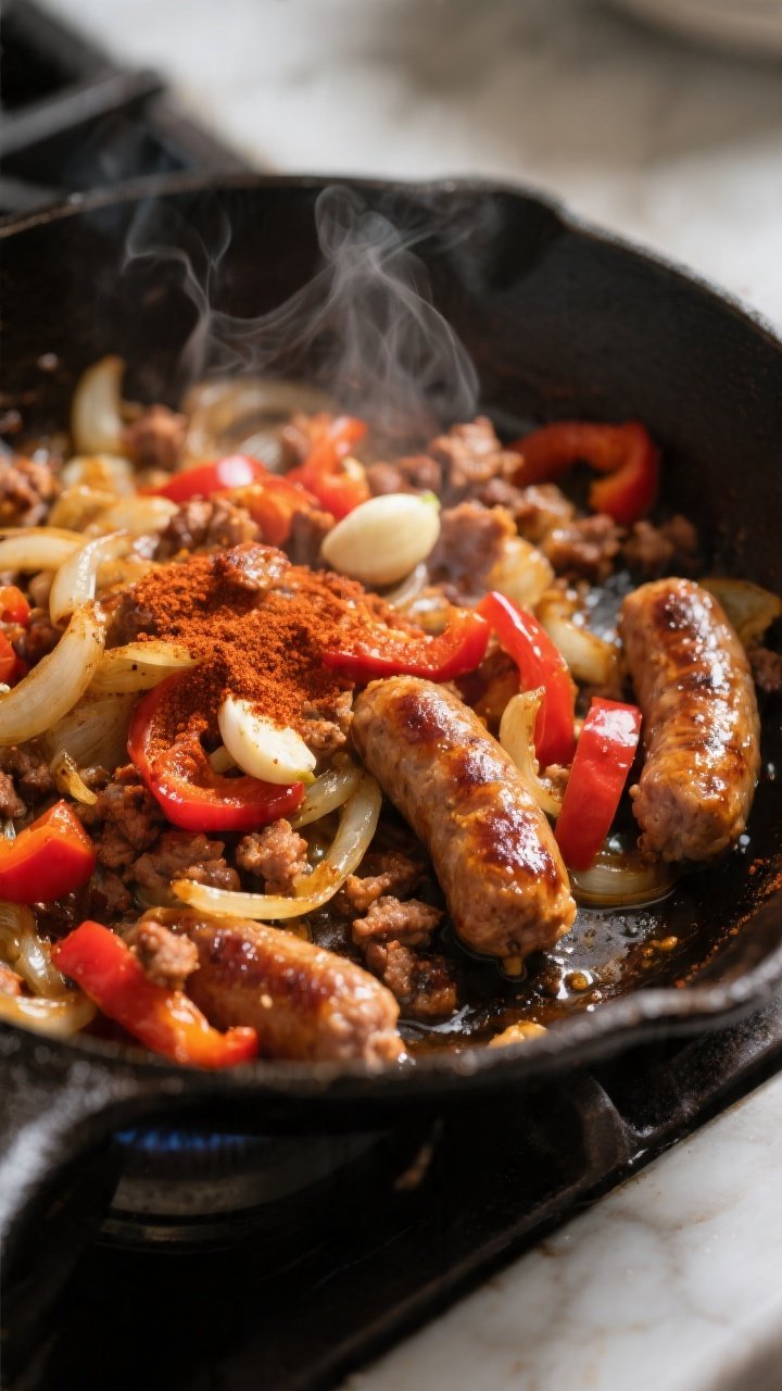 Cooking process shot: Golden-browned breakfast sausage with sautéed onions and red bell peppers in 