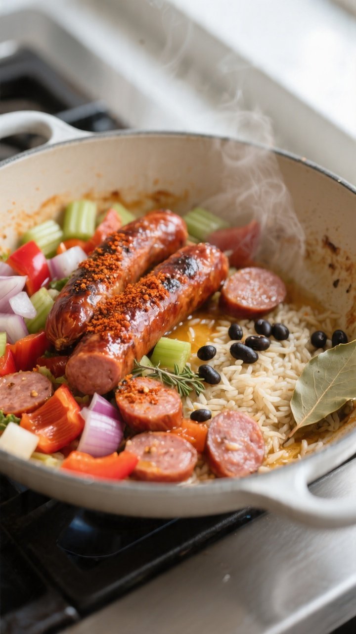 Cooking process: Sizzling sliced smoked sausage browning in a heavy enamel pot alongside softened di