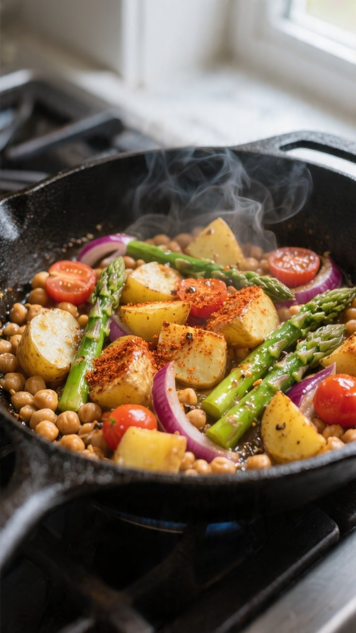 Cooking process, skillet action: Golden, crisp-edged Yukon Gold potato cubes sizzling in a large bla