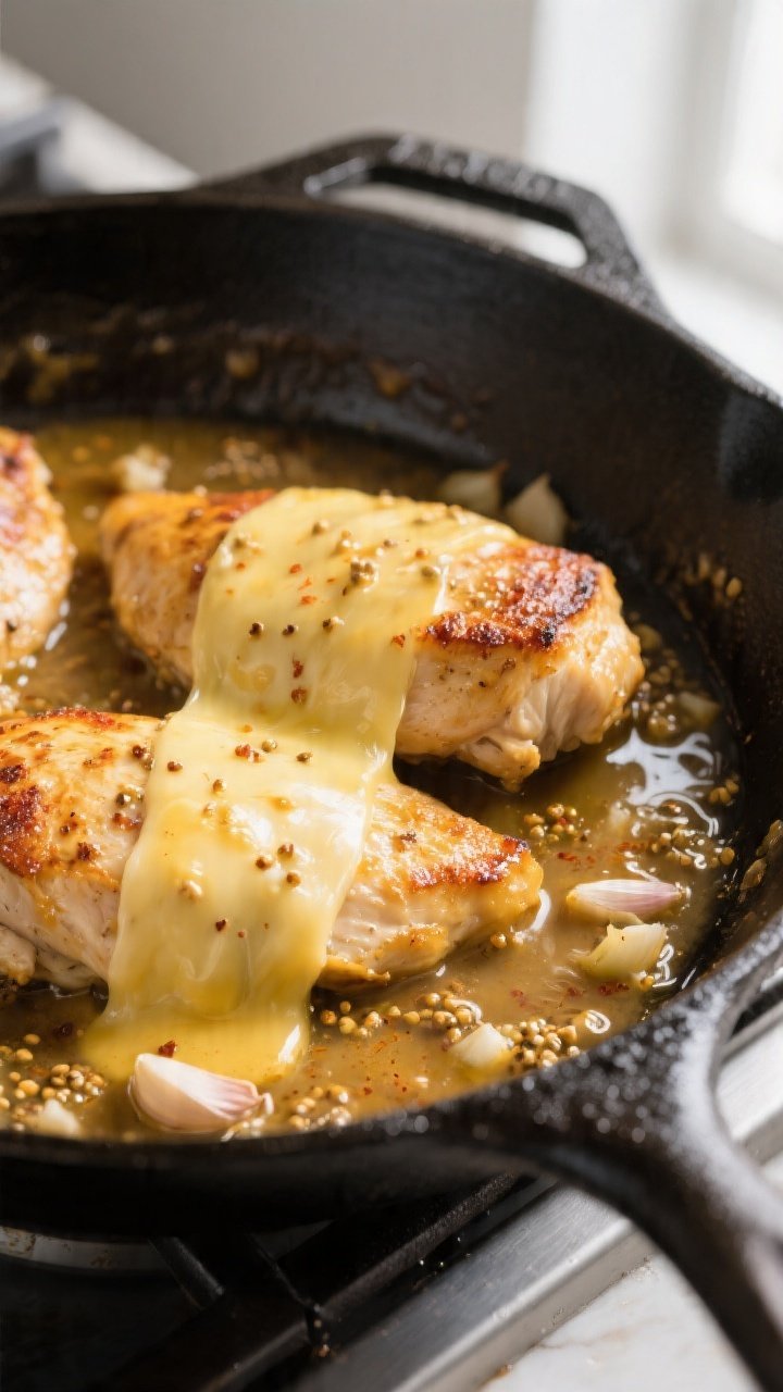 Cooking process, skillet close-up: Golden-seared boneless chicken breasts nestled in a black oven-sa