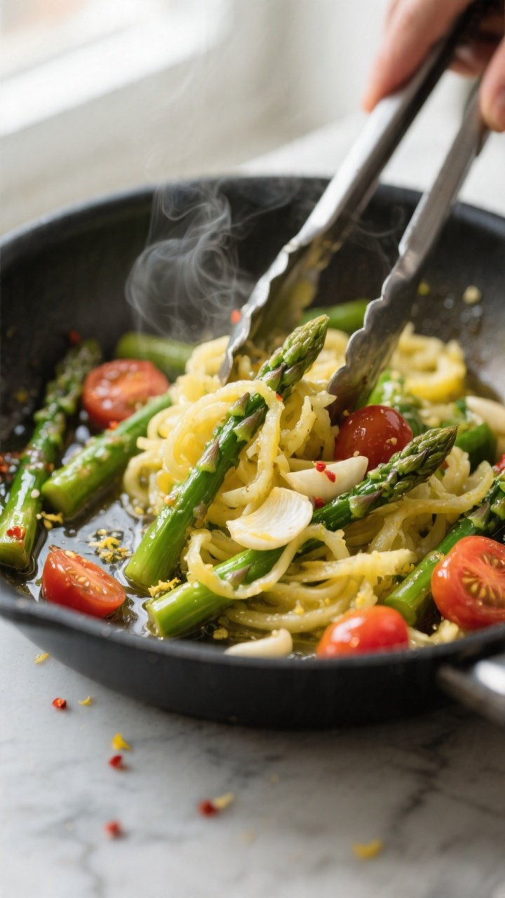 Cooking process — spaghetti squash primavera coming together in the skillet: close-up, on glisteni