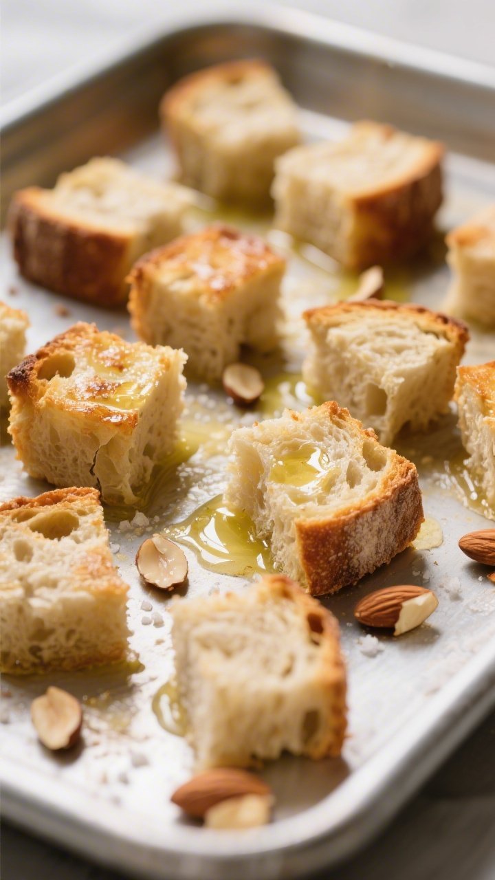 Cooking process: Torn sourdough cubes being oven-toasted at 400°F on a sheet pan, edges golden and 