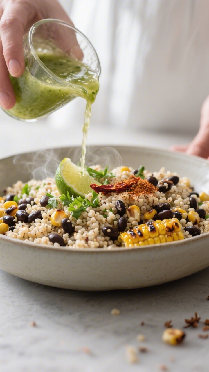 Cooking process: Warm quinoa tossed with black beans and charred corn in a large bowl, half the lime