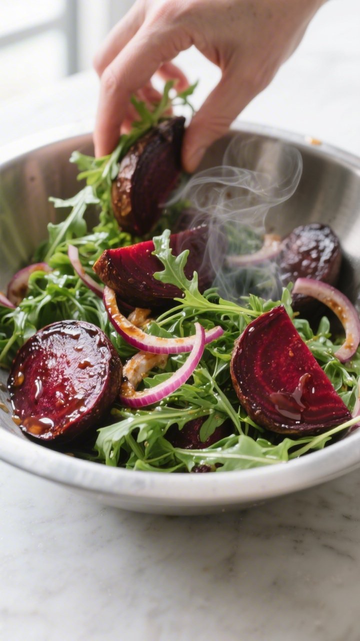 Cooking process: Warm roasted beet wedges just out of the oven being gently folded into lightly dres