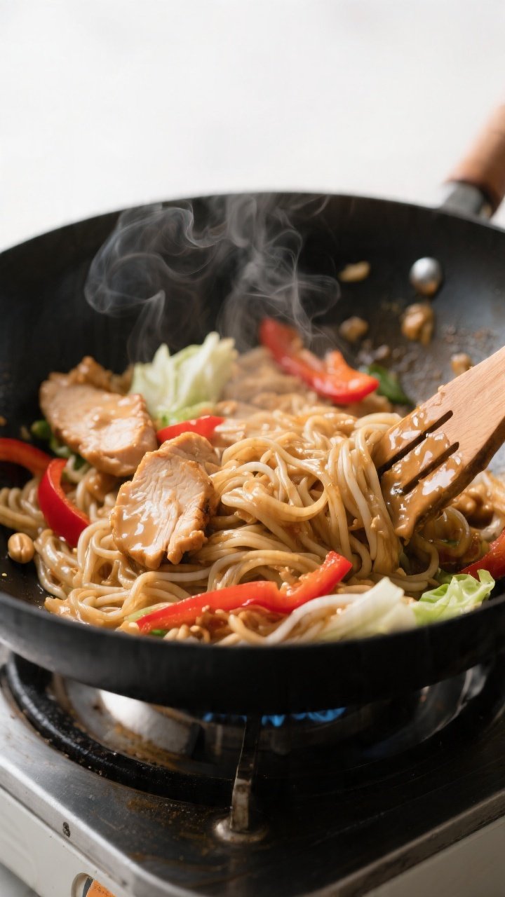 Cooking process — wok toss: Thai Peanut Noodles with Chicken being tossed in a large black wok ove
