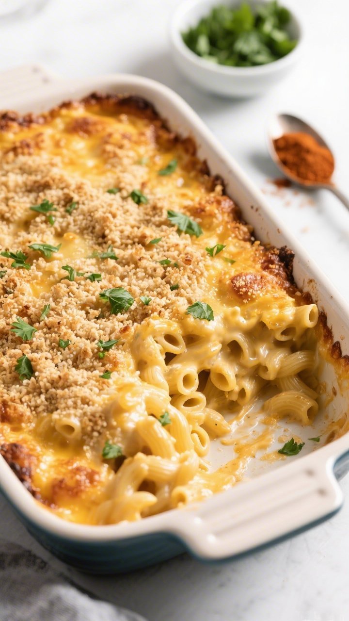 Final baked dish overhead: Golden, bubbly Healthy Baked Mac and Cheese in a 9x13 ceramic casserole, 
