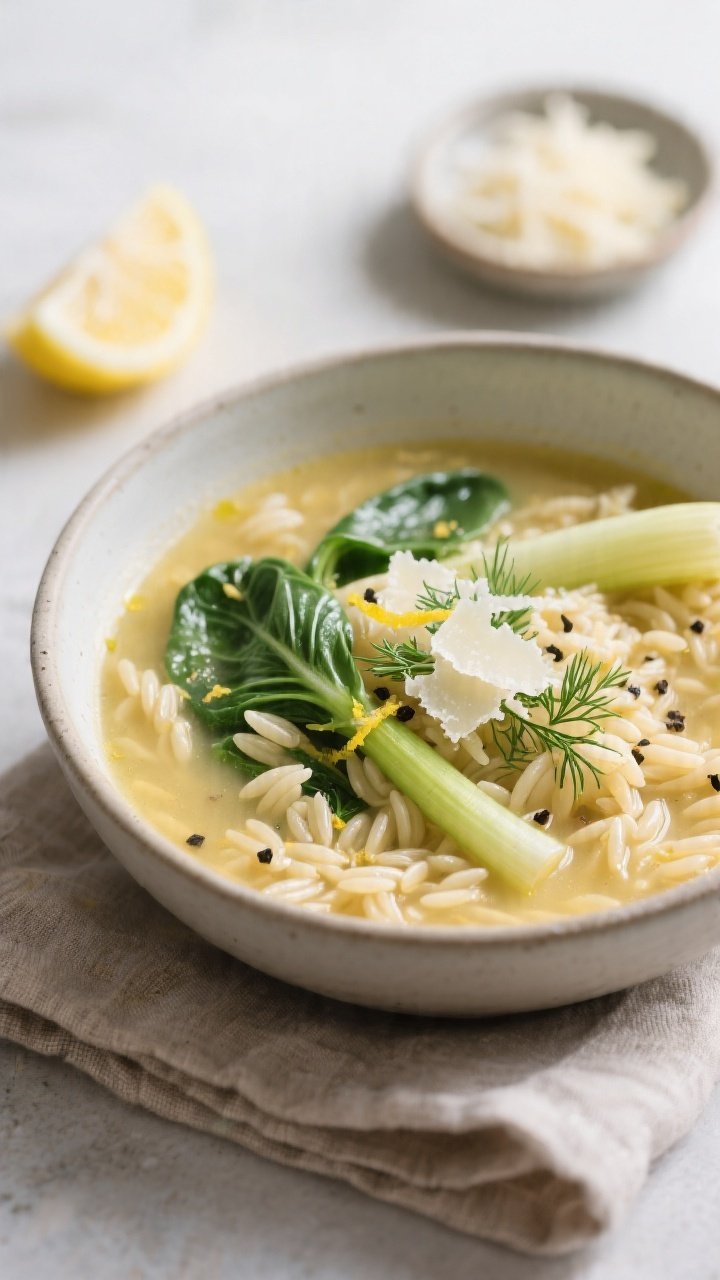 Final dish, close-up detail: A cozy bowl of Leek & Orzo Soup plated and ready to serve—silky orzo 