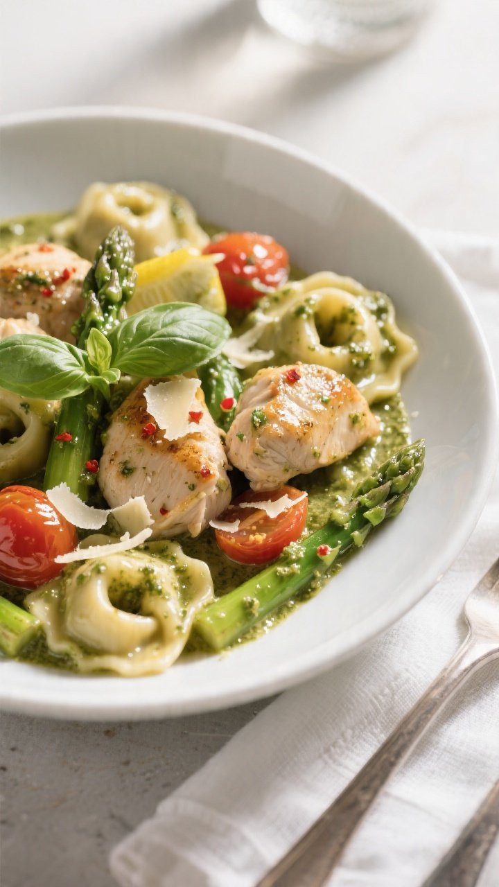 Final dish, close-up detail: Close-up of the finished One-Pan Pesto Chicken Tortellini plated in a w
