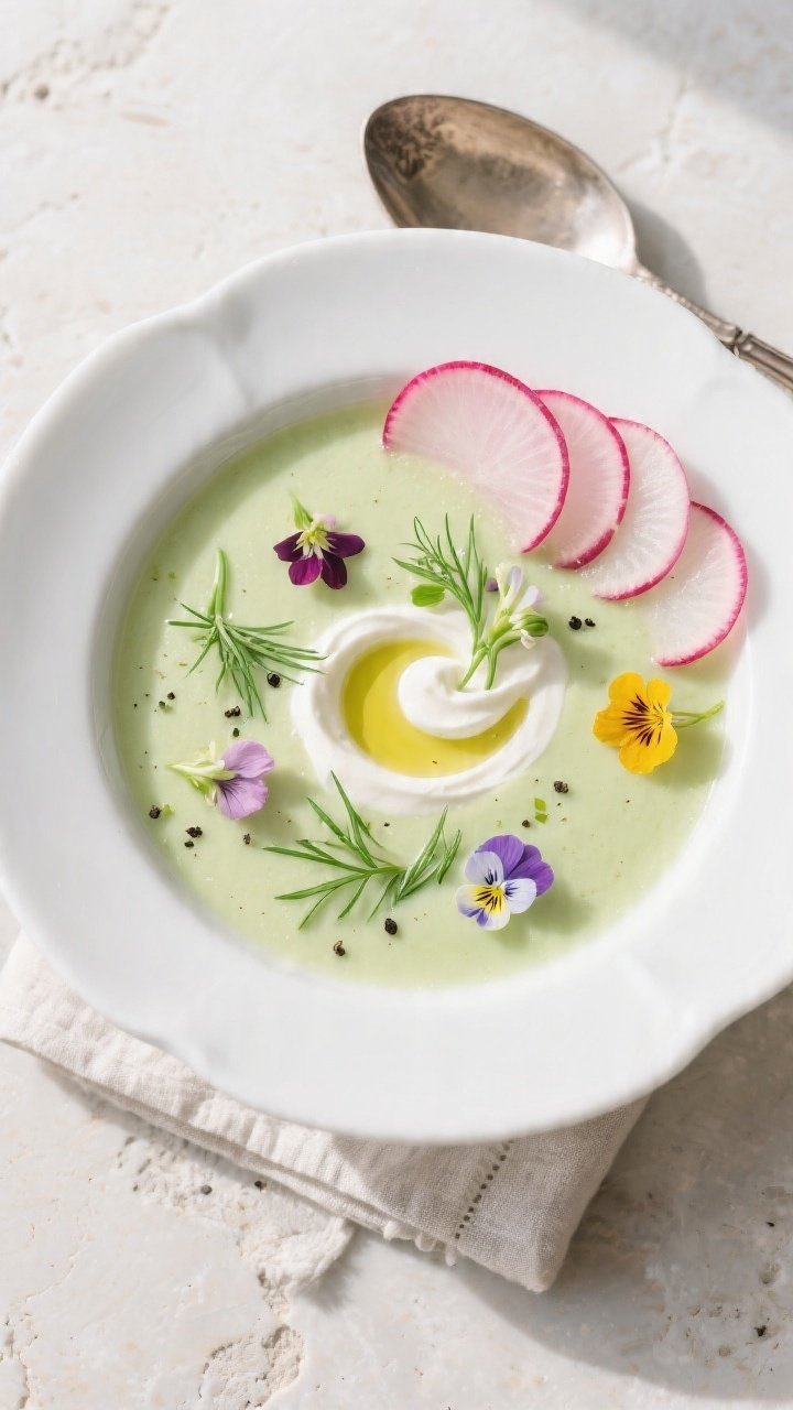 Final dish — elegant plated presentation with floral garnish: Overhead shot of a shallow white bow