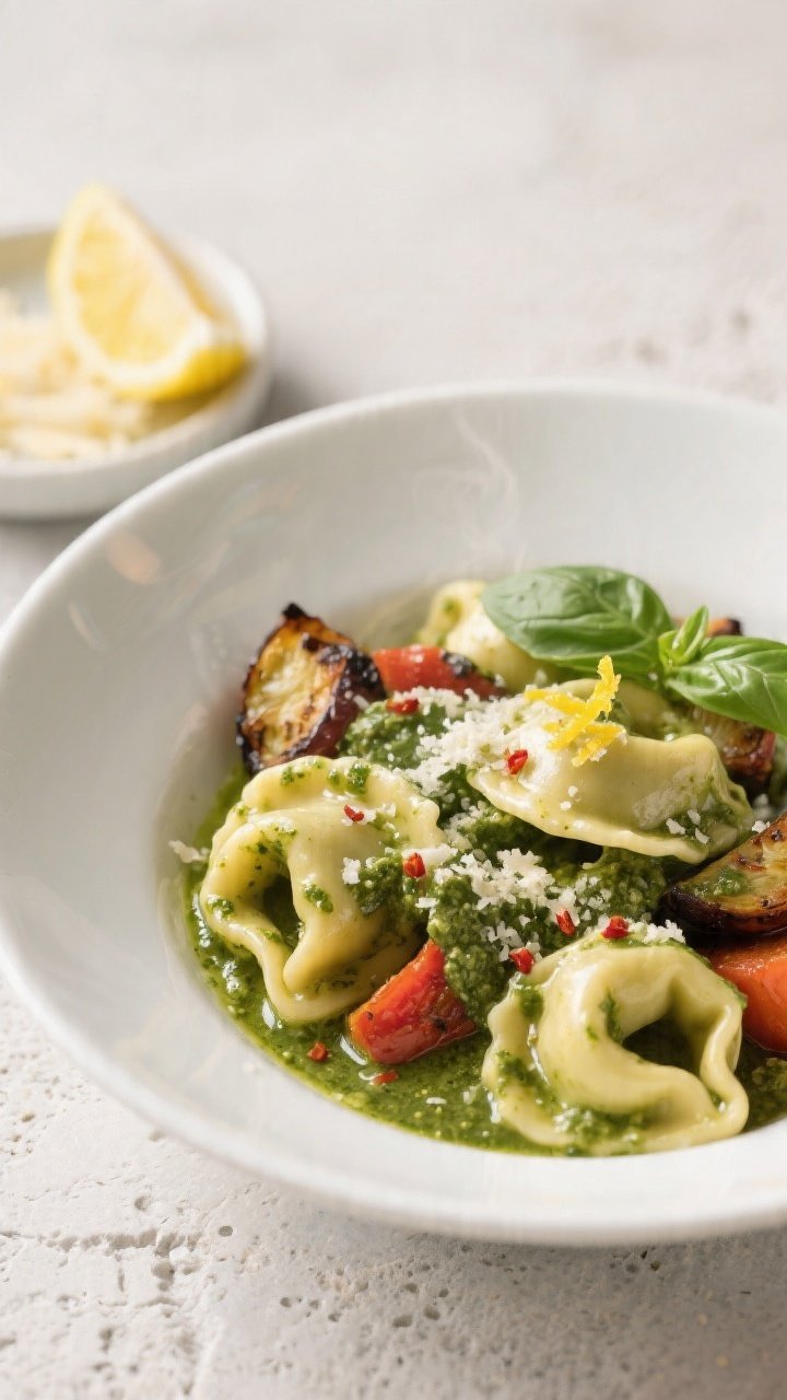 Final dish — glossy pesto tortellini bowl: Close-up, three-quarter angle of cheese tortellini toss