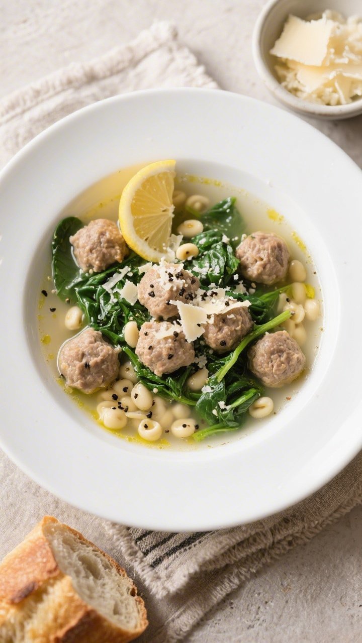 Final dish overhead: Italian Wedding Soup plated in a wide white bowl—juicy bite-size meatballs, a