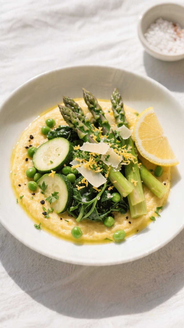 Final dish, overhead: Overhead shot of Creamy Polenta with Spring Vegetables & Herb Gremolata plated