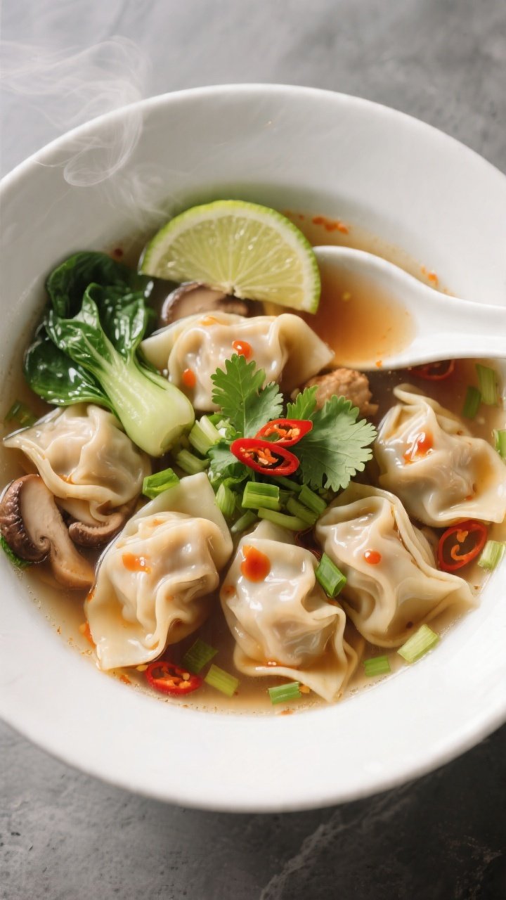 Final dish overhead: Restaurant-quality bowl of copycat PF Chang’s wonton soup, top-down shot high