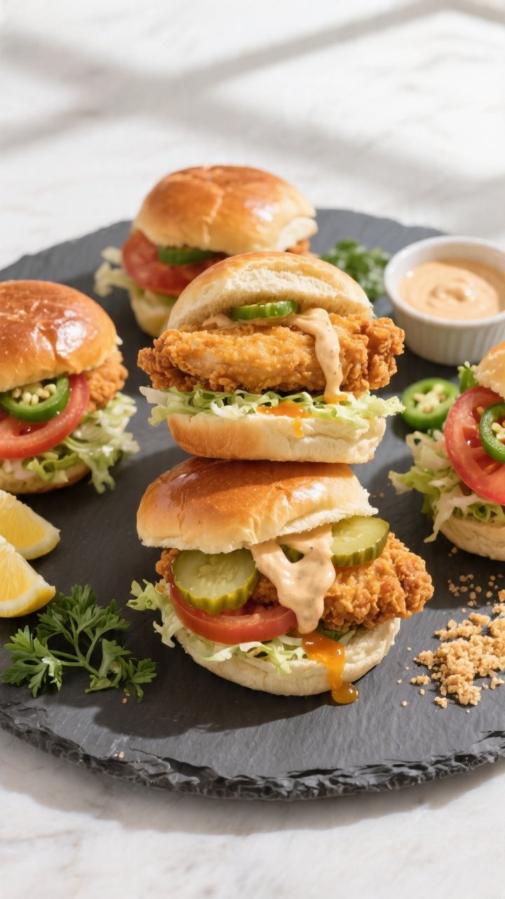Final dish overhead: Tasty top-down shot of assembled fried chicken sliders on a matte slate platter