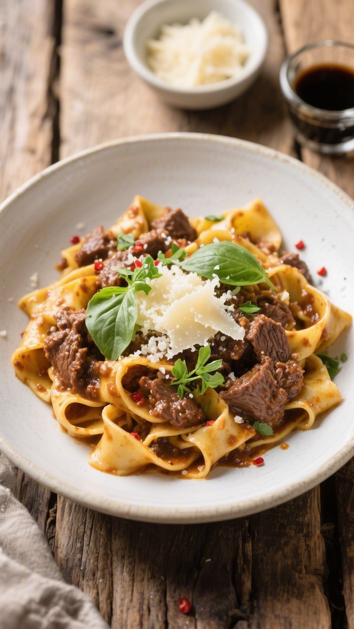 Final dish overhead: Wide pappardelle tossed with slow cooker beef ragu, evenly coated strands of te